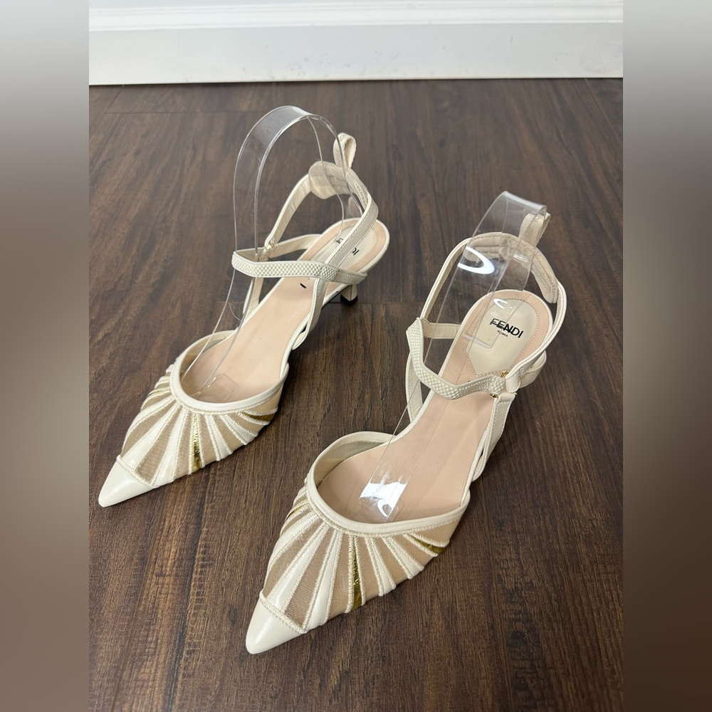 Fendi Leather And Mesh High-heeled Slingbacks In Blanc - Picture 5 of 15